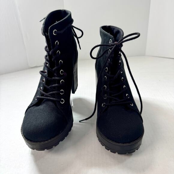 Canvas Chunky Platform Block Heel Combat Boots Divided 8 Grunge Indie Goth Bratz - Picture 1 of 10